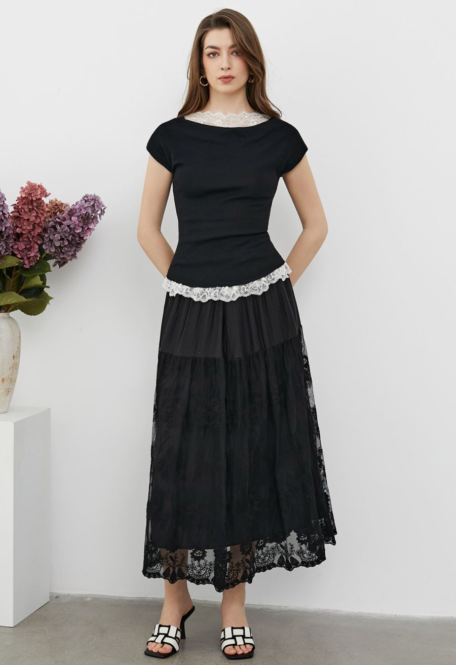 Gentle Lace Inserted Drape Neck Knit Top in Black