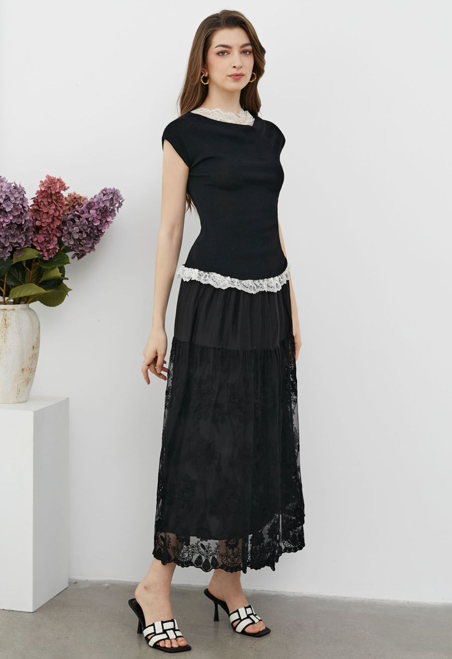 Gentle Lace Inserted Drape Neck Knit Top in Black