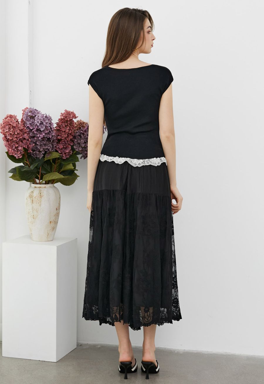 Gentle Lace Inserted Drape Neck Knit Top in Black