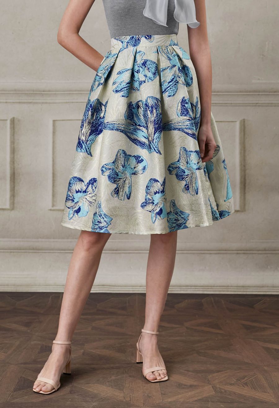 Blue Tulip Metallic Jacquard A-Line Midi Skirt