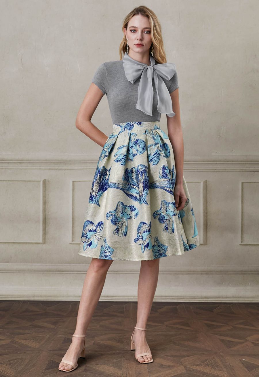 Organza Self-Tie Bowknot Short Sleeves Knit Top in Grey