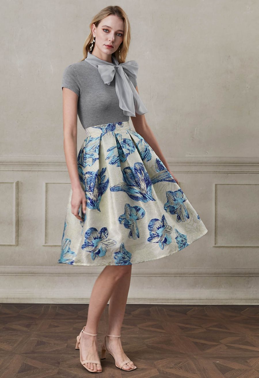 Organza Self-Tie Bowknot Short Sleeves Knit Top in Grey