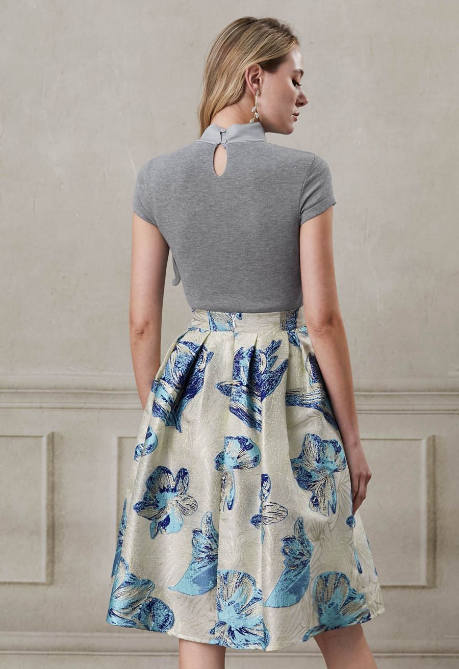 Organza Self-Tie Bowknot Short Sleeves Knit Top in Grey
