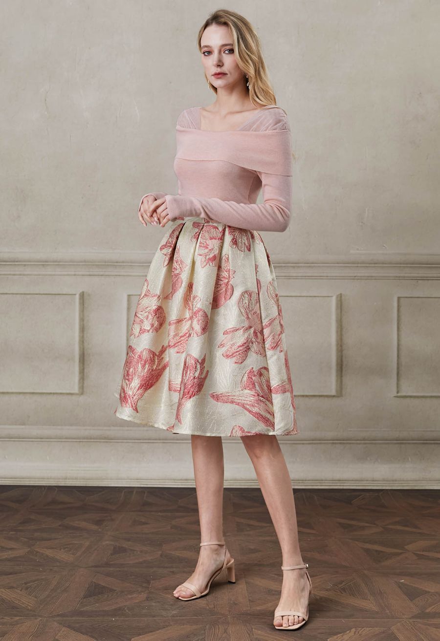 Pink Tulip Metallic Jacquard A-Line Midi Skirt