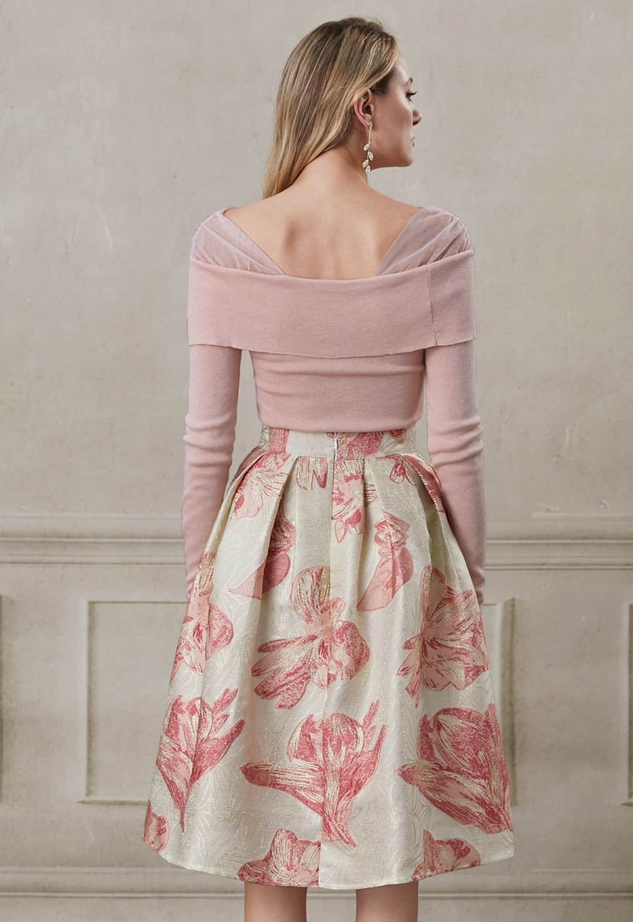 Pink Tulip Metallic Jacquard A-Line Midi Skirt