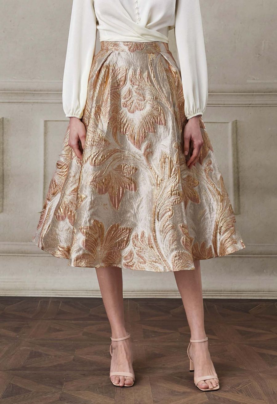 Metallic Leaves Jacquard Embossed A-Line Midi Skirt