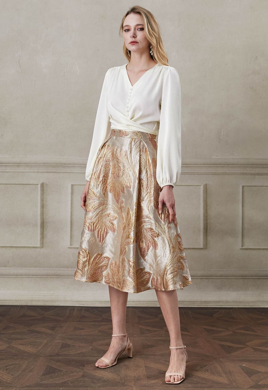 Metallic Leaves Jacquard Embossed A-Line Midi Skirt