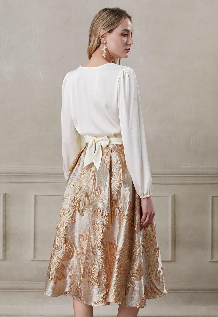 Metallic Leaves Jacquard Embossed A-Line Midi Skirt