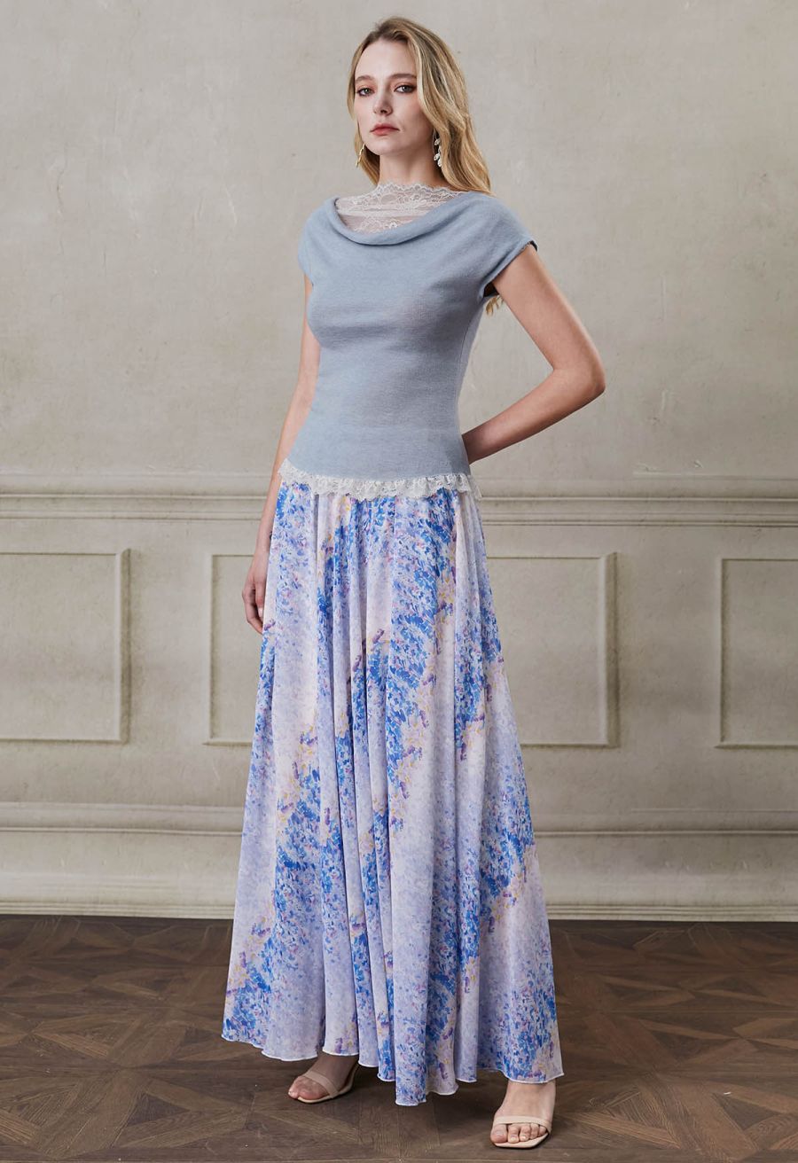 Watercolor Blue Floral Chiffon Maxi Skirt