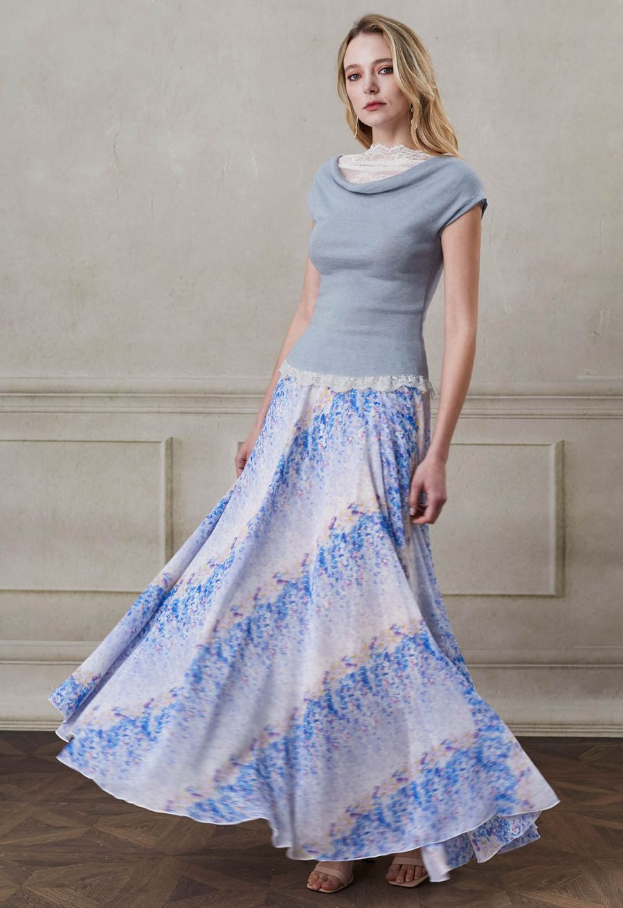 Watercolor Blue Floral Chiffon Maxi Skirt