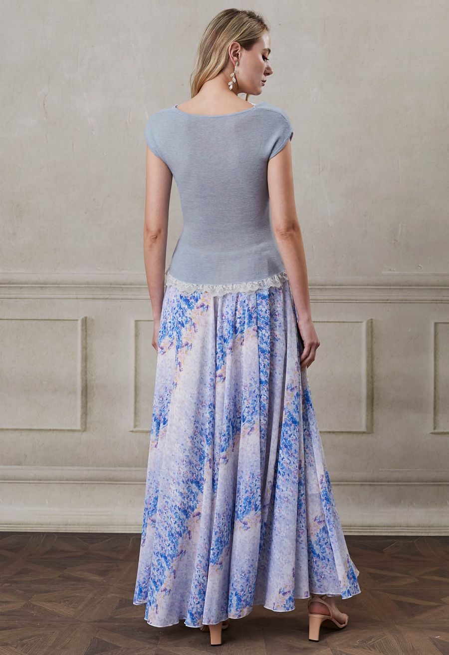 Watercolor Blue Floral Chiffon Maxi Skirt