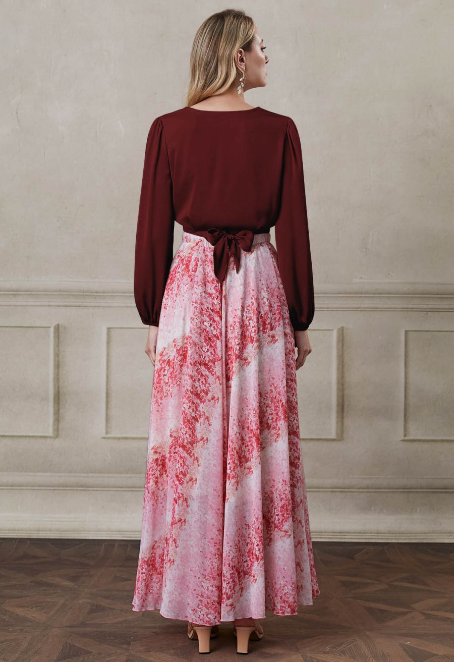 Pearl Decor Self-Tie Bowknot Textured Crop Top in Burgundy