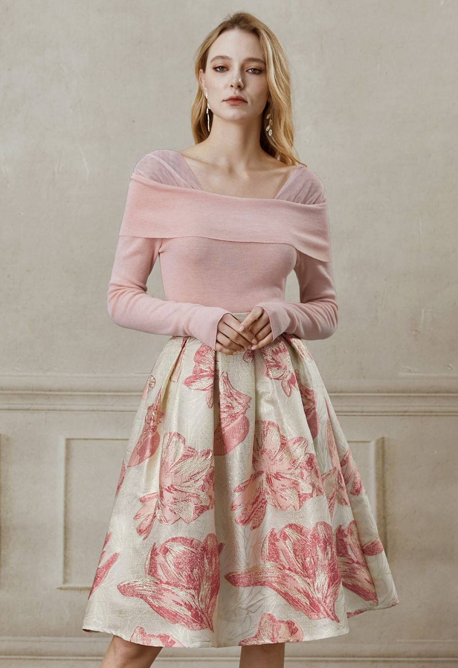 Pink Tulip Metallic Jacquard A-Line Midi Skirt