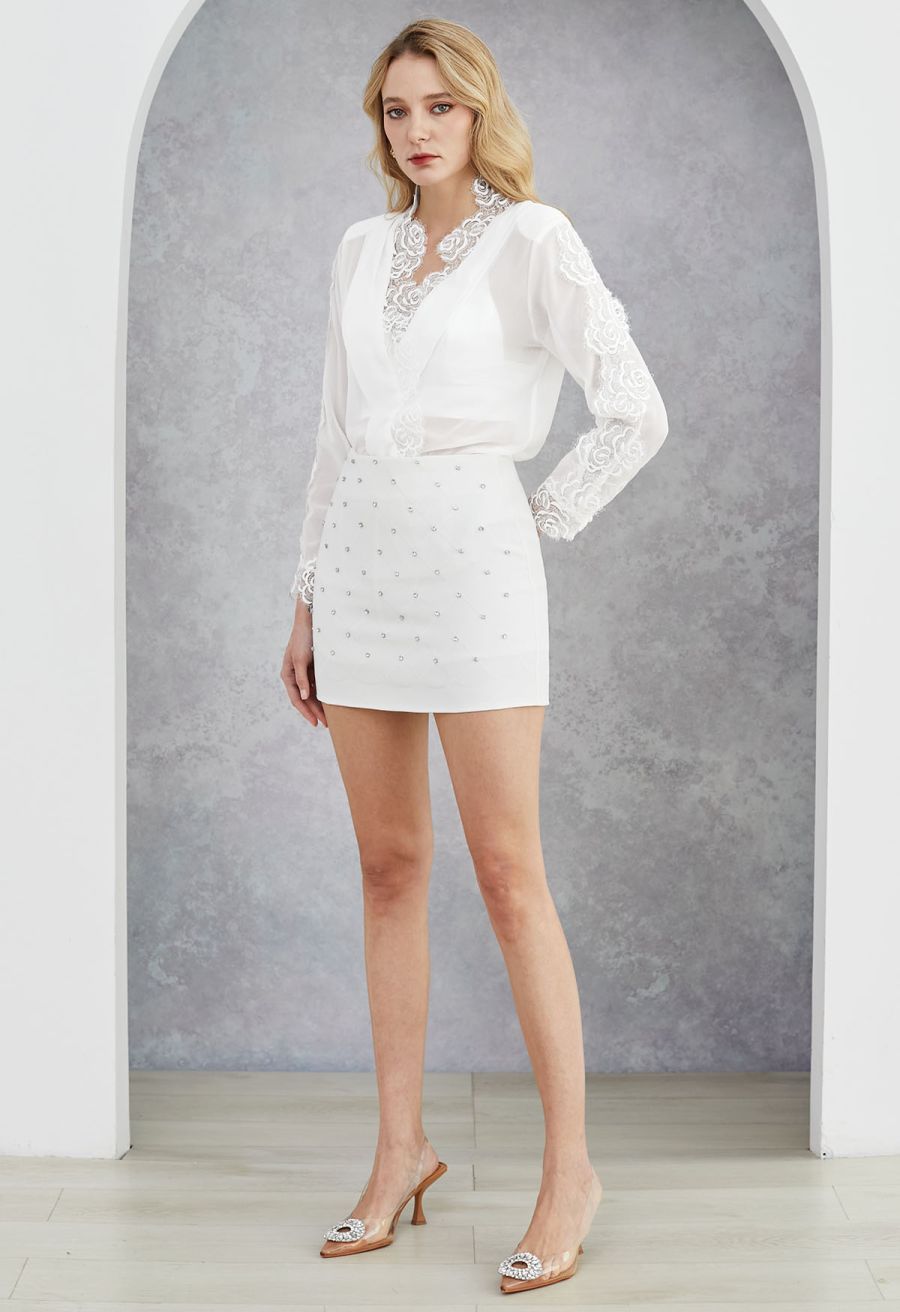 Rhinestone Decor Grid Mini Bud Skirt in White