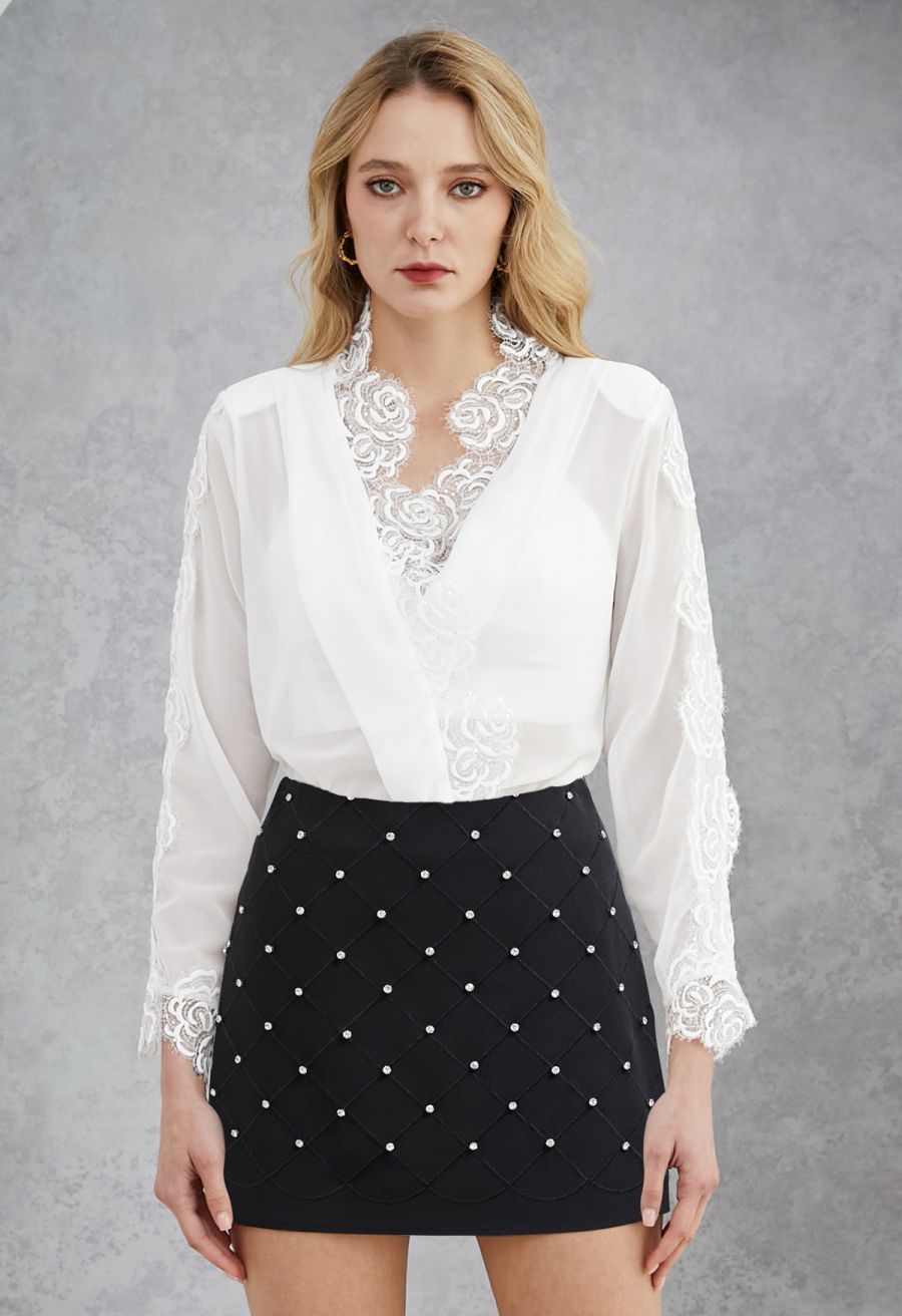 Rhinestone Decor Grid Mini Bud Skirt in Black