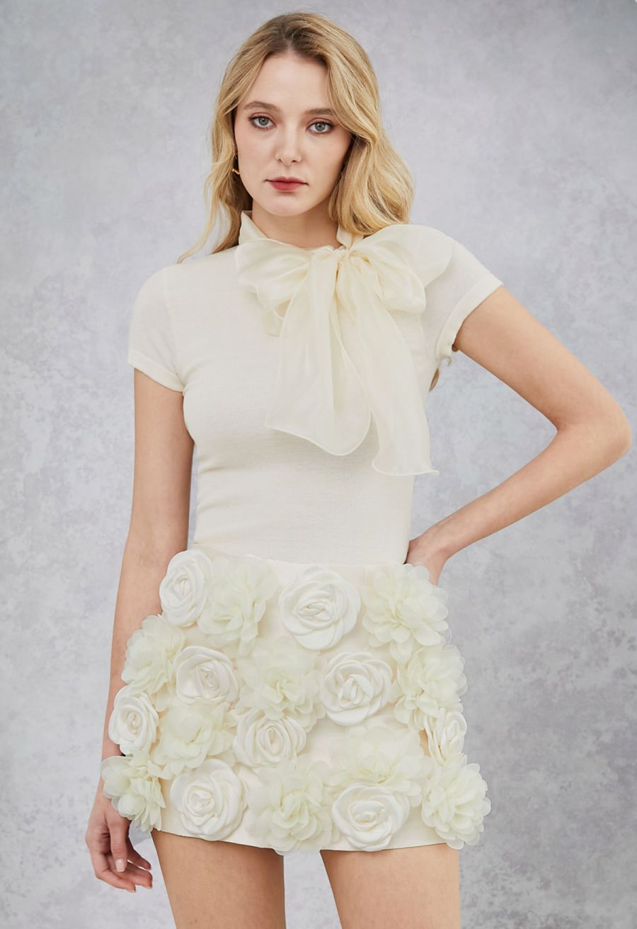 Organza Self-Tie Bowknot Short Sleeves Knit Top in Cream