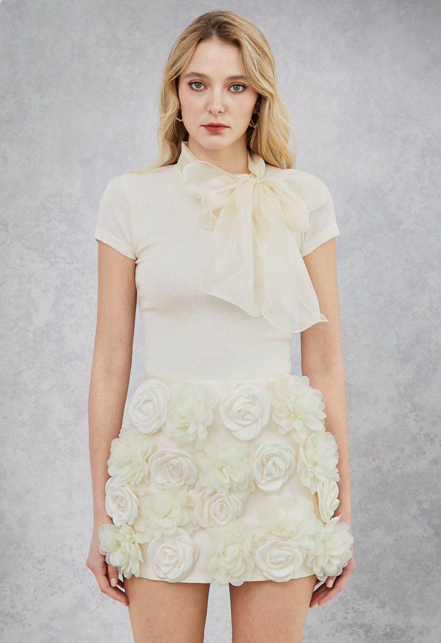 Organza Self-Tie Bowknot Short Sleeves Knit Top in Cream
