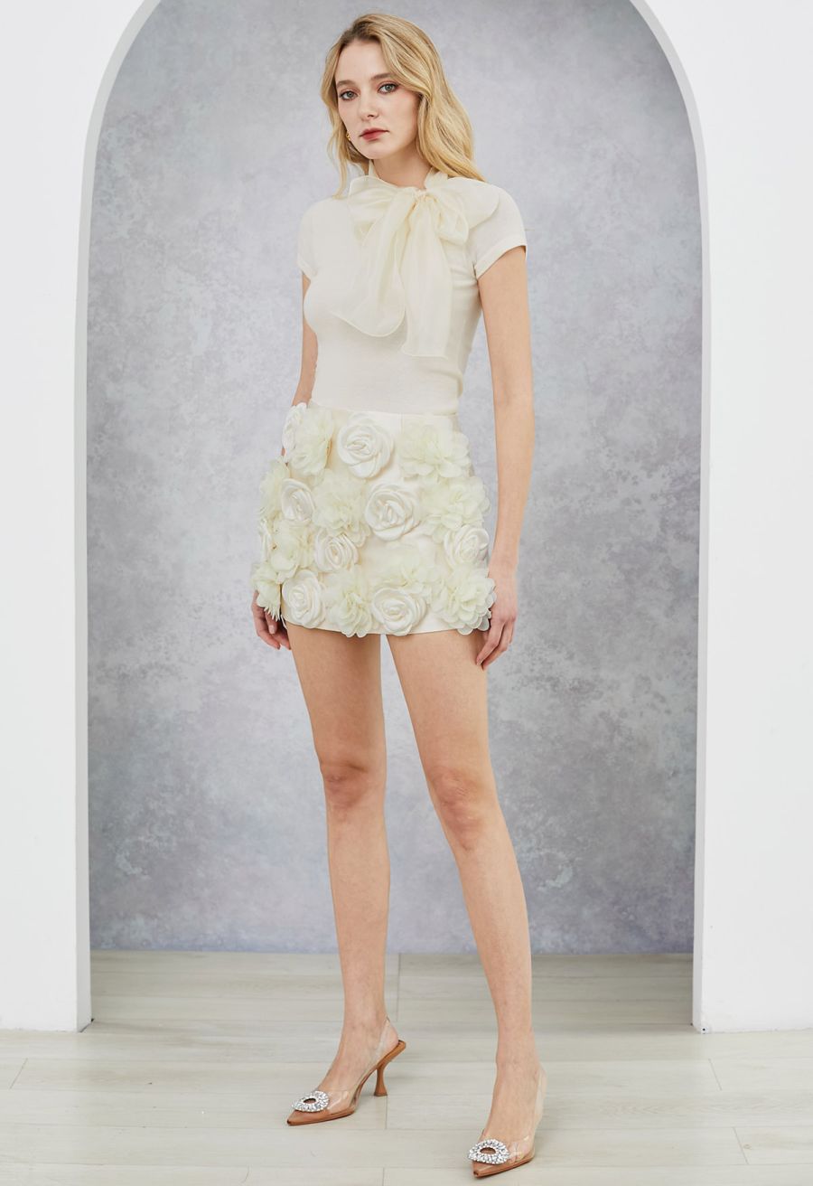 Organza Self-Tie Bowknot Short Sleeves Knit Top in Cream