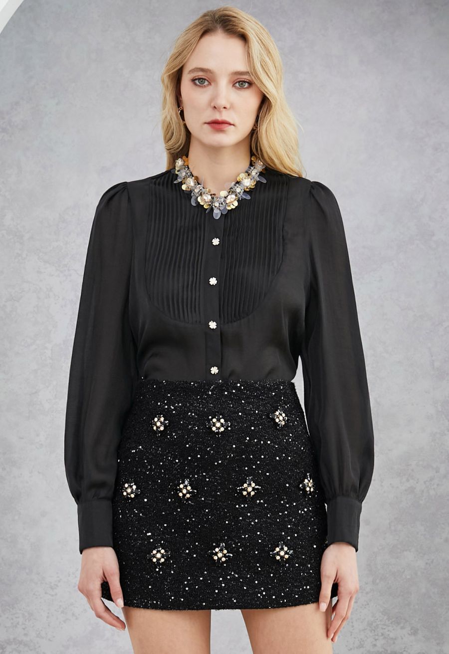 Geometric Rhinestones Embellished Tweed Skorts in Black