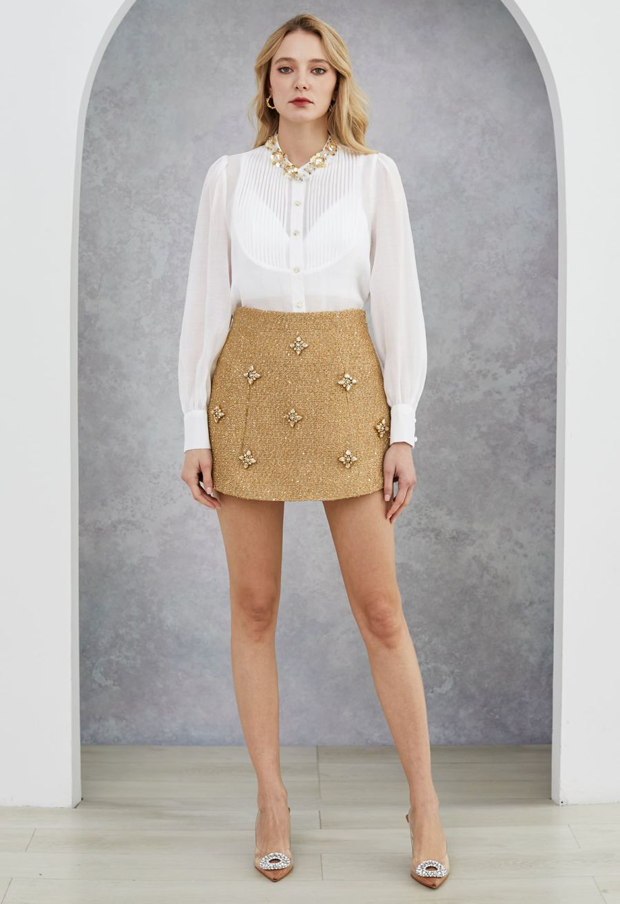 Rhinestones Sequins Trim Pintuck Sheer Buttoned Shirt in White
