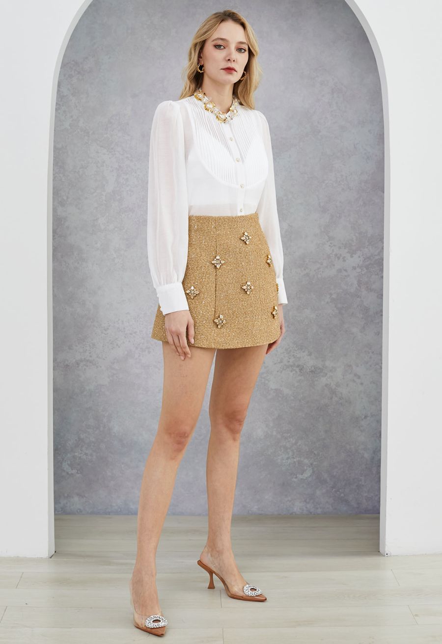 Rhinestones Sequins Trim Pintuck Sheer Buttoned Shirt in White