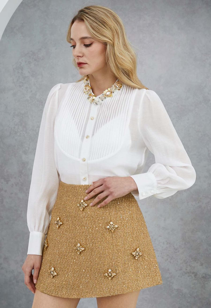 Rhinestones Sequins Trim Pintuck Sheer Buttoned Shirt in White