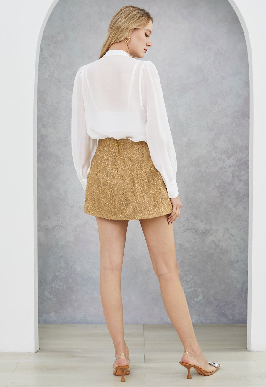 Rhinestones Sequins Trim Pintuck Sheer Buttoned Shirt in White