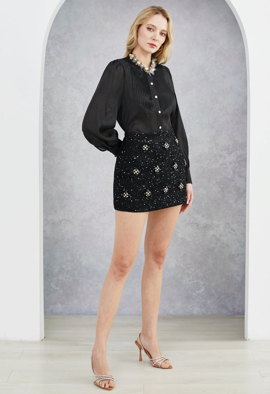 Rhinestones Sequins Trim Pintuck Sheer Buttoned Shirt in Black