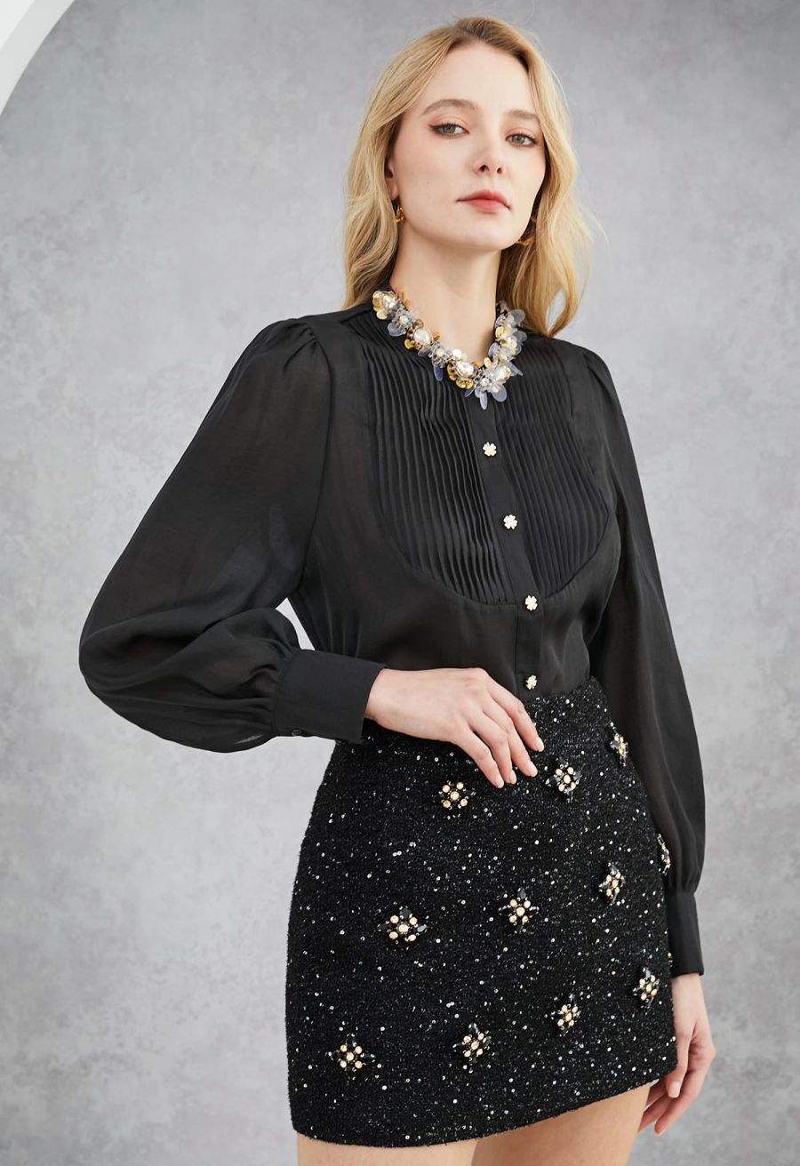 Rhinestones Sequins Trim Pintuck Sheer Buttoned Shirt in Black