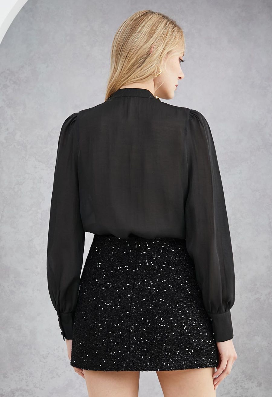 Rhinestones Sequins Trim Pintuck Sheer Buttoned Shirt in Black