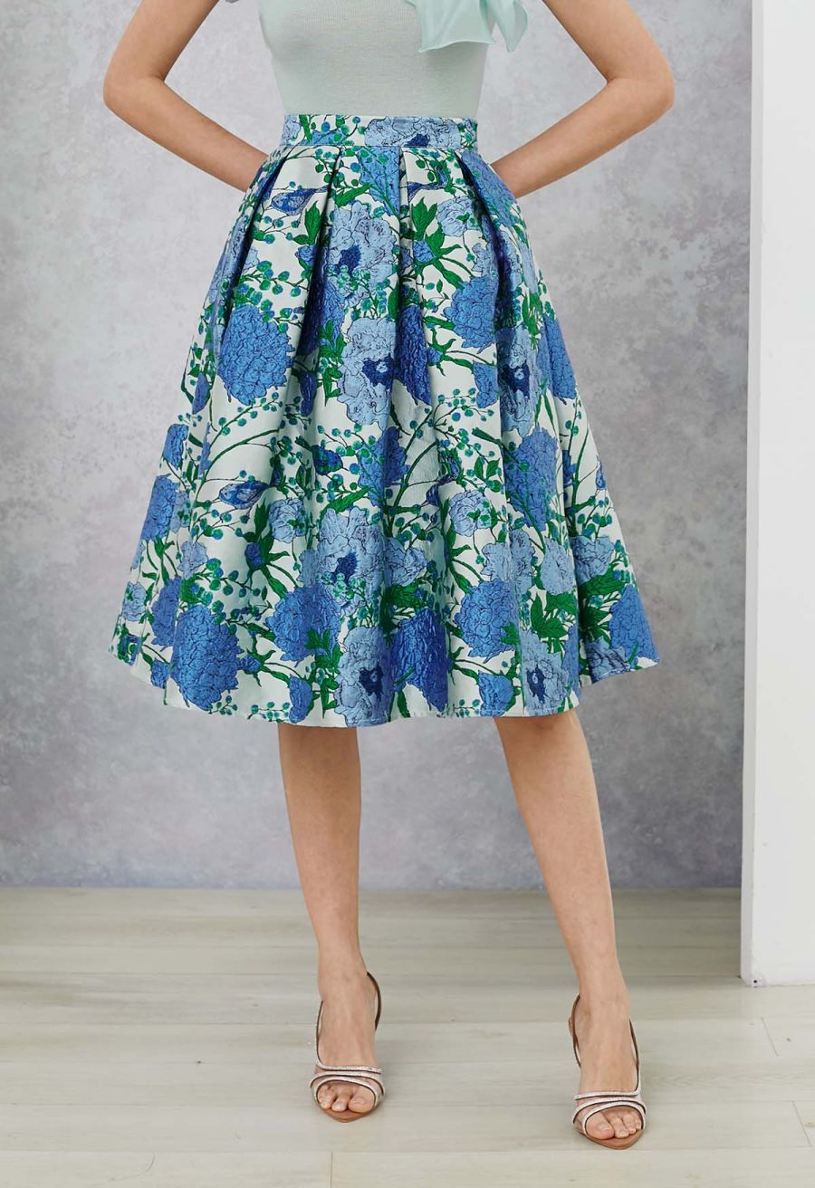 Blue Hues Floral Embossed Jacquard Pleated A-line Midi Skirt