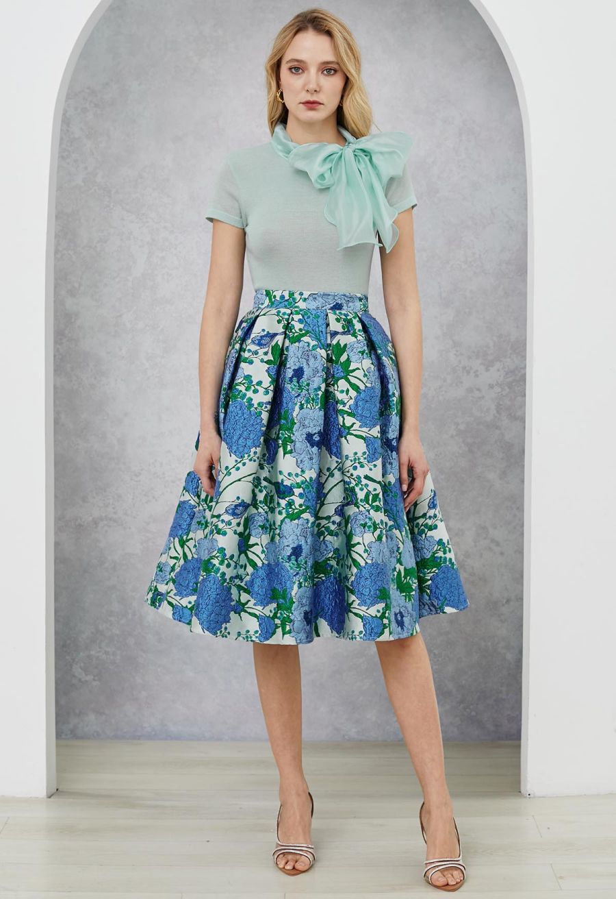 Blue Hues Floral Embossed Jacquard Pleated A-line Midi Skirt