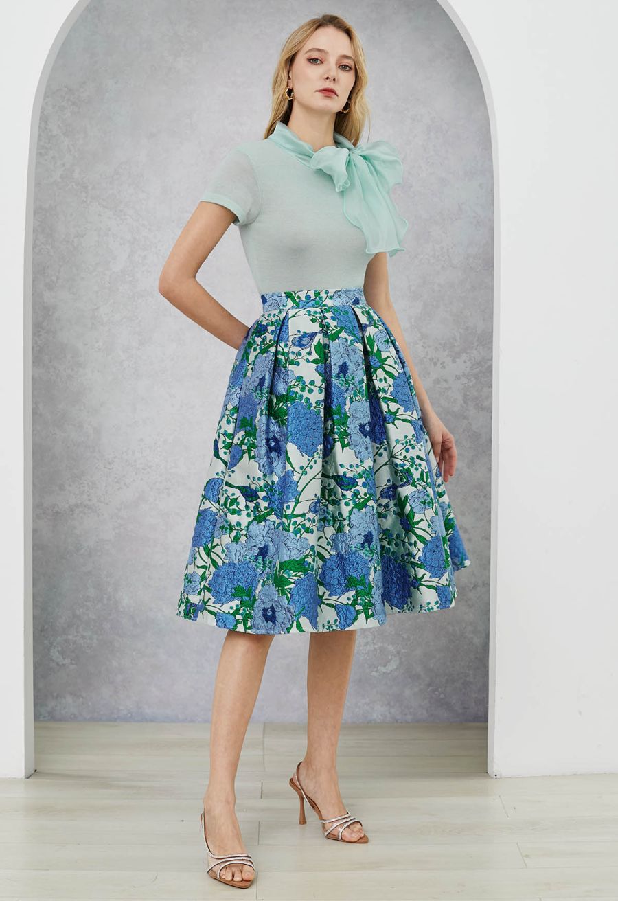 Blue Hues Floral Embossed Jacquard Pleated A-line Midi Skirt