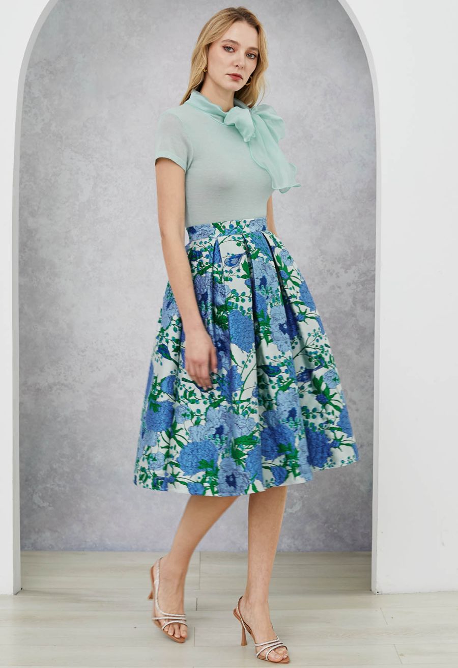 Blue Hues Floral Embossed Jacquard Pleated A-line Midi Skirt