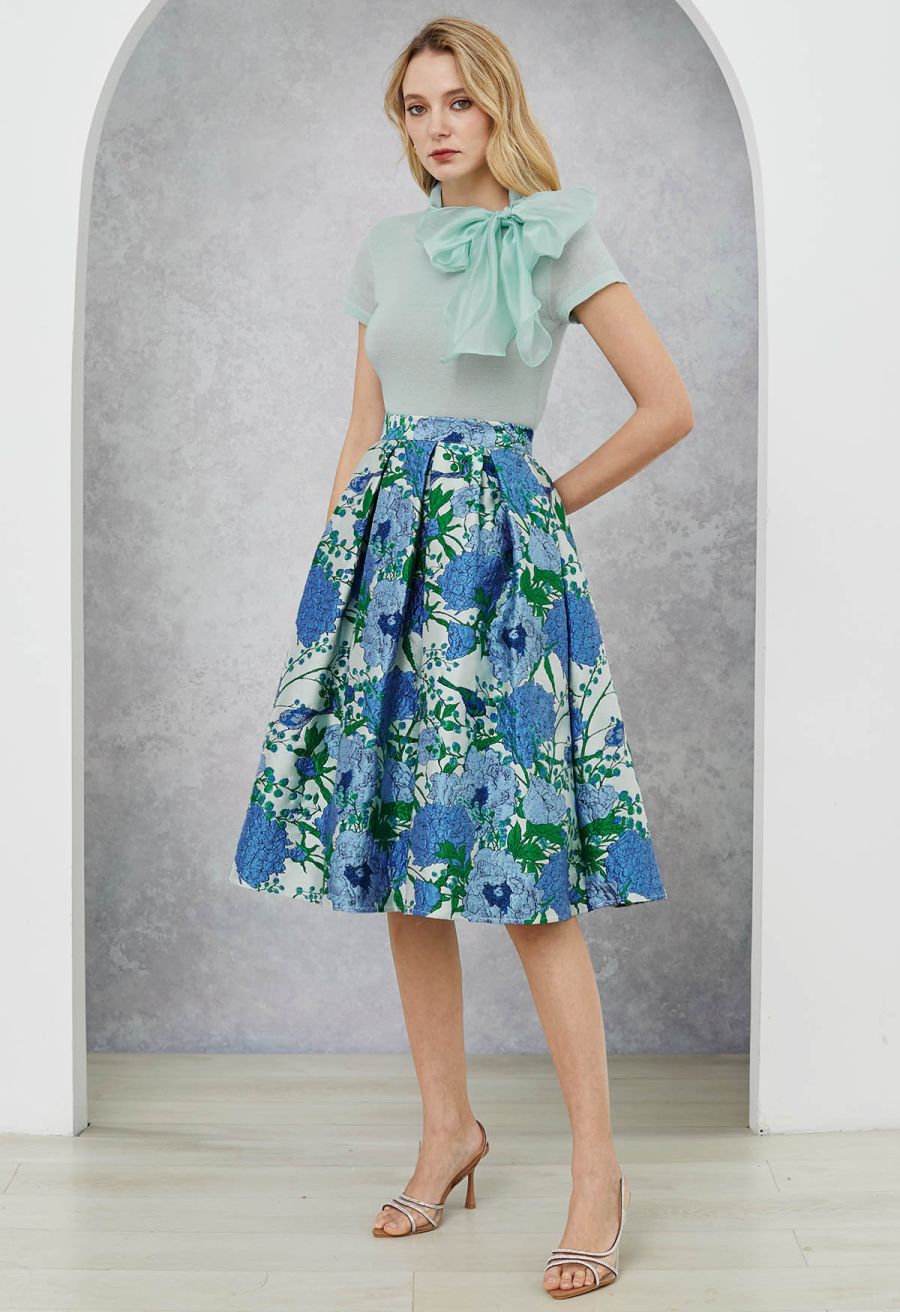 Blue Hues Floral Embossed Jacquard Pleated A-line Midi Skirt