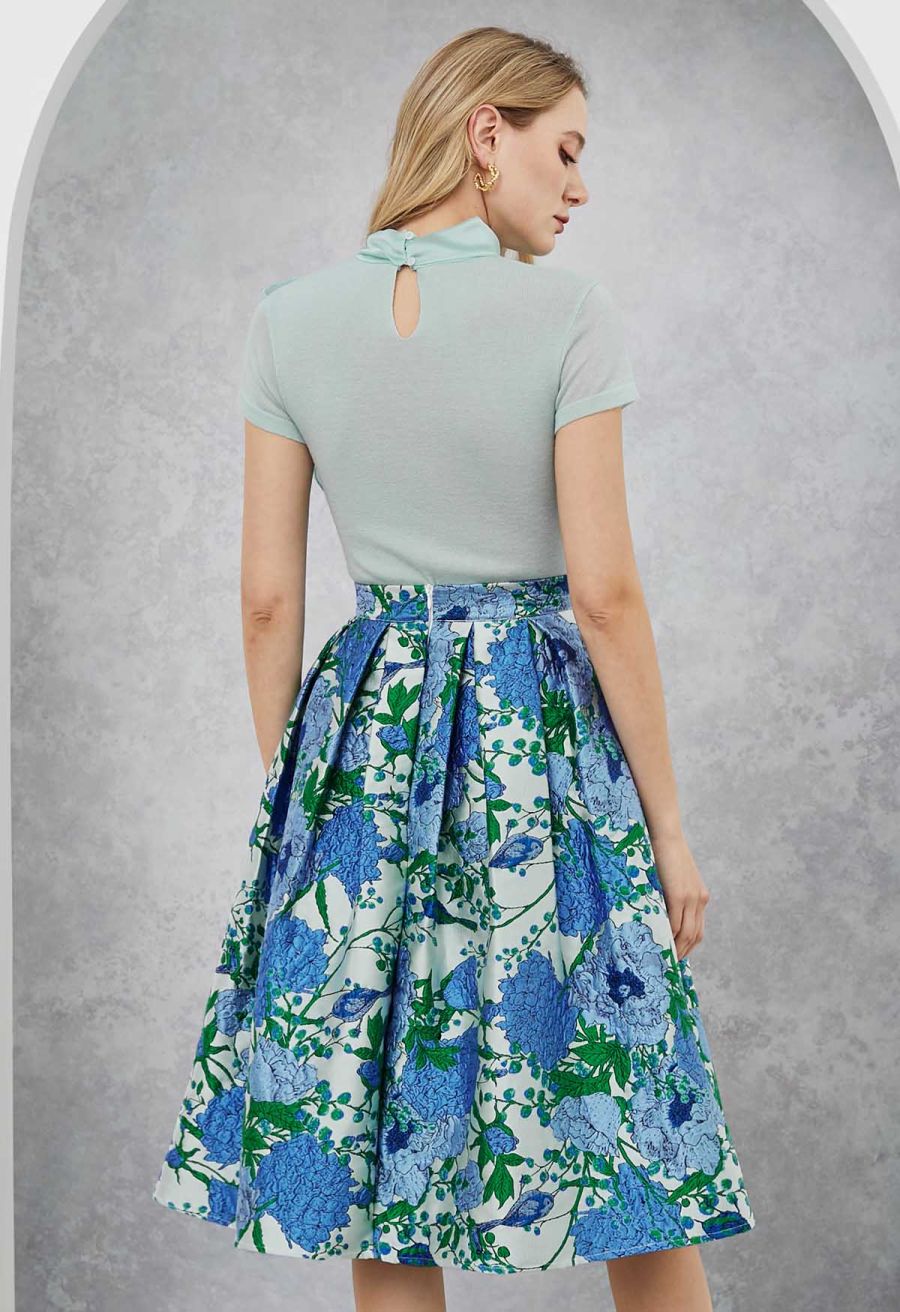 Blue Hues Floral Embossed Jacquard Pleated A-line Midi Skirt