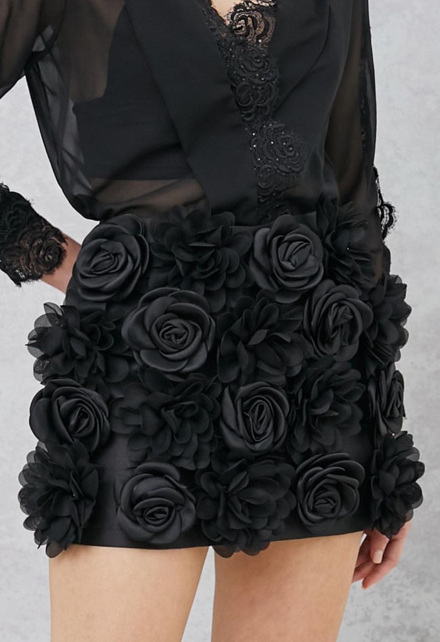 3D Rose Petal Satin Skorts in Black