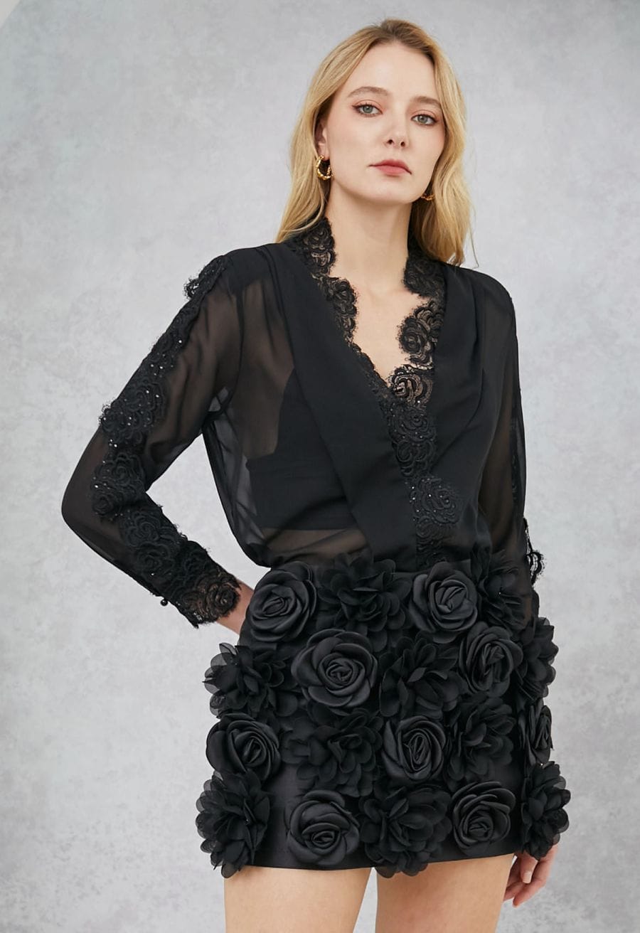 3D Rose Petal Satin Skorts in Black