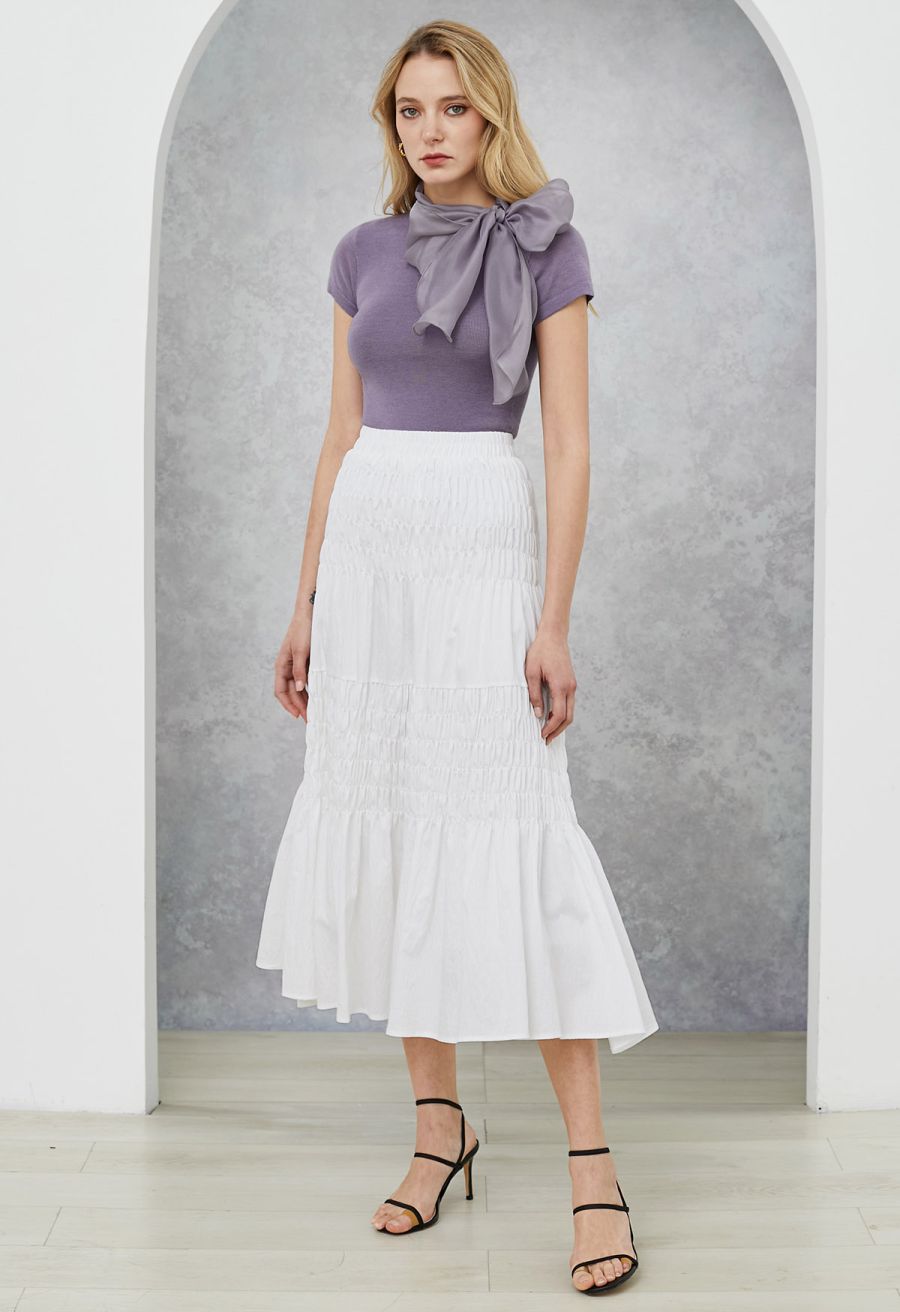 Organza Self-Tie Bowknot Short Sleeves Knit Top in Lavender