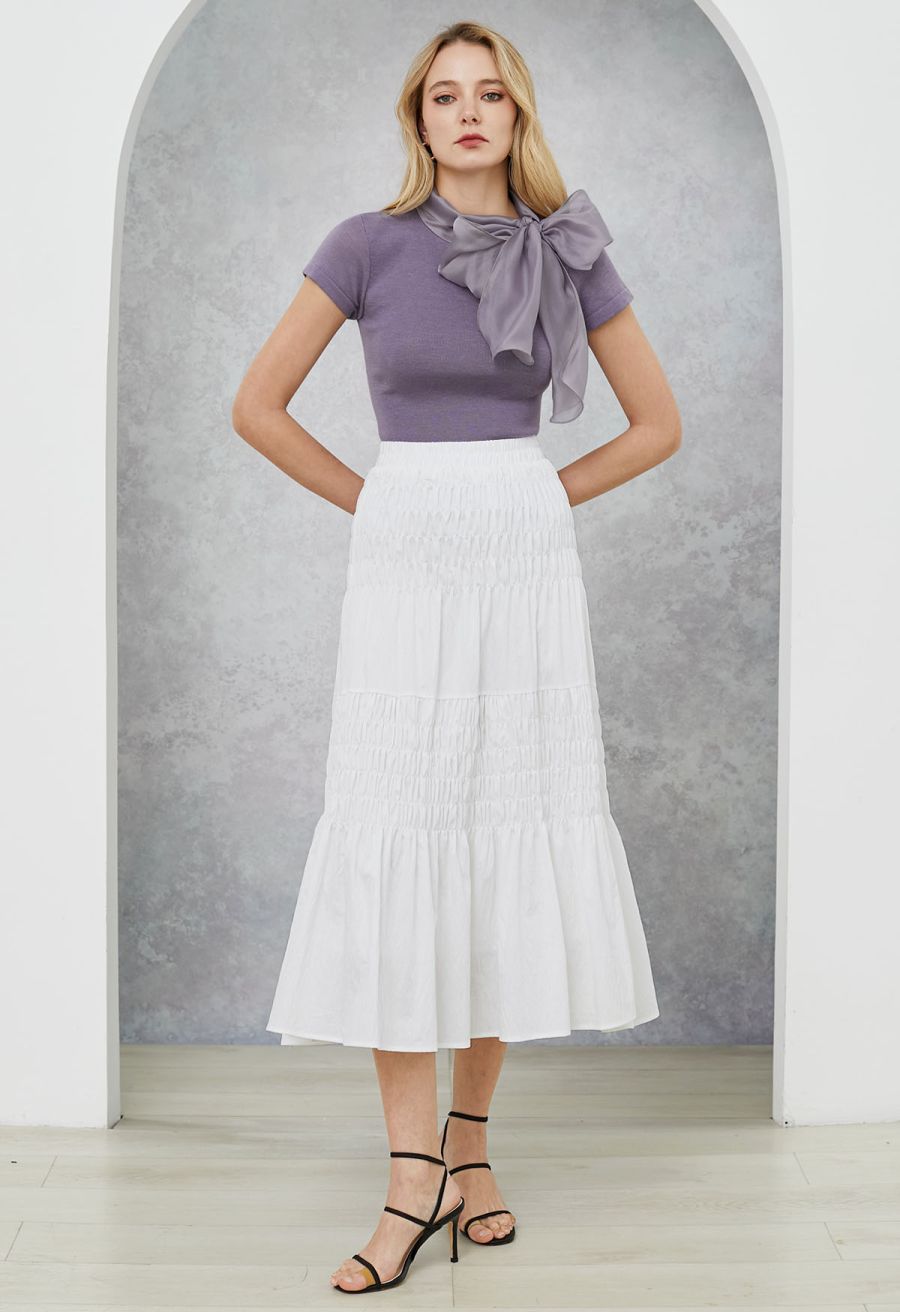Organza Self-Tie Bowknot Short Sleeves Knit Top in Lavender