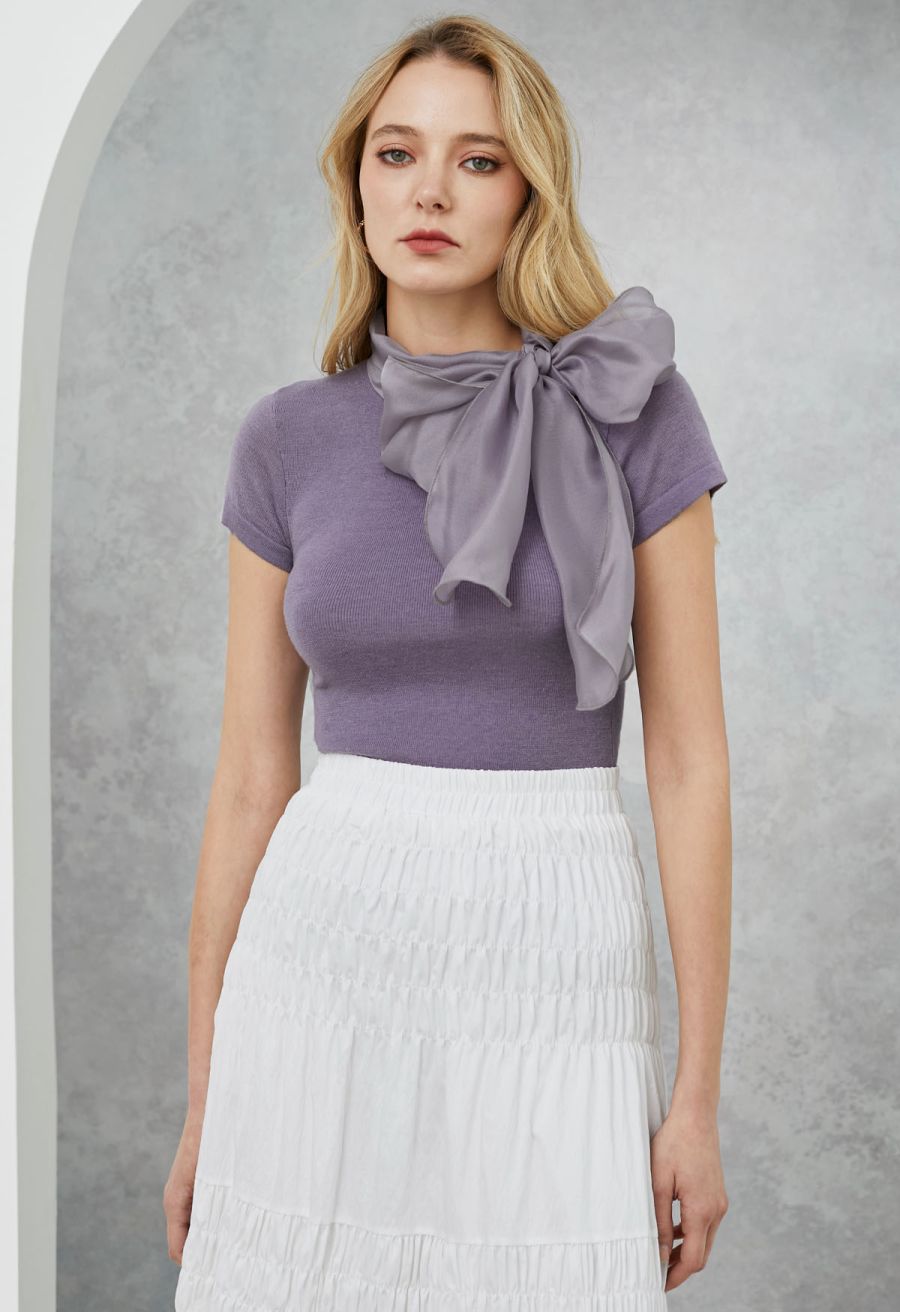 Organza Self-Tie Bowknot Short Sleeves Knit Top in Lavender