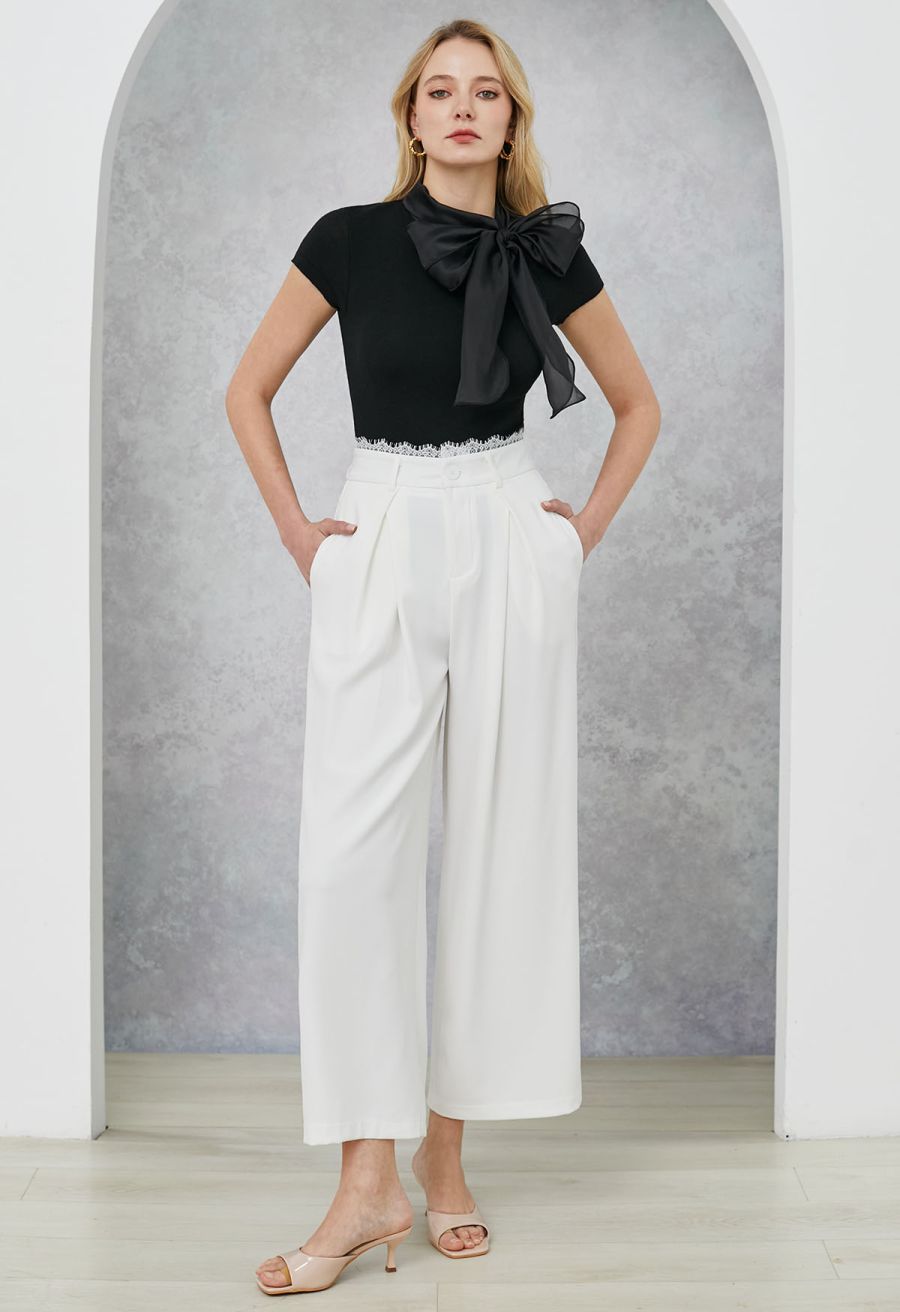 Organza Self-Tie Bowknot Short Sleeves Knit Top in Black