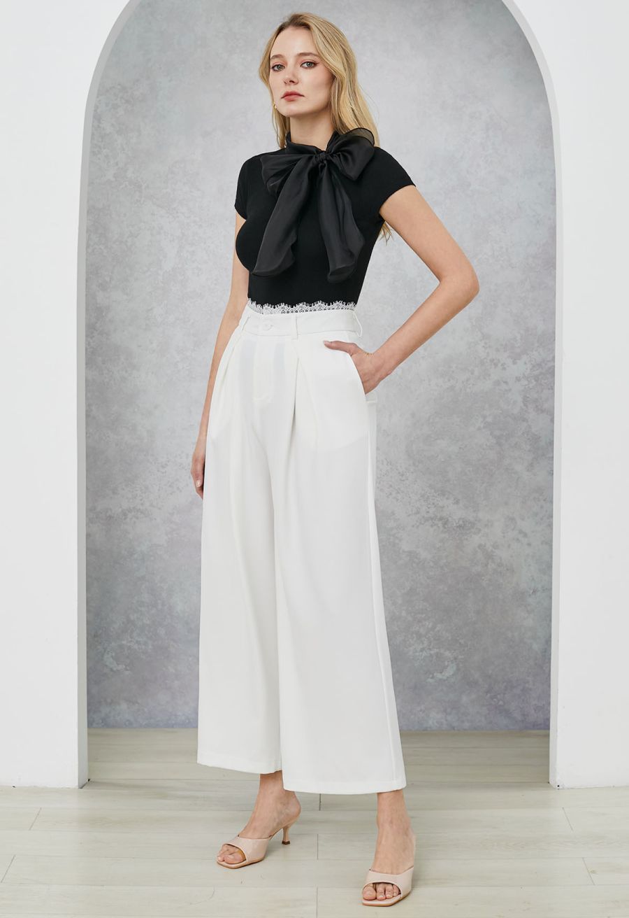 Organza Self-Tie Bowknot Short Sleeves Knit Top in Black