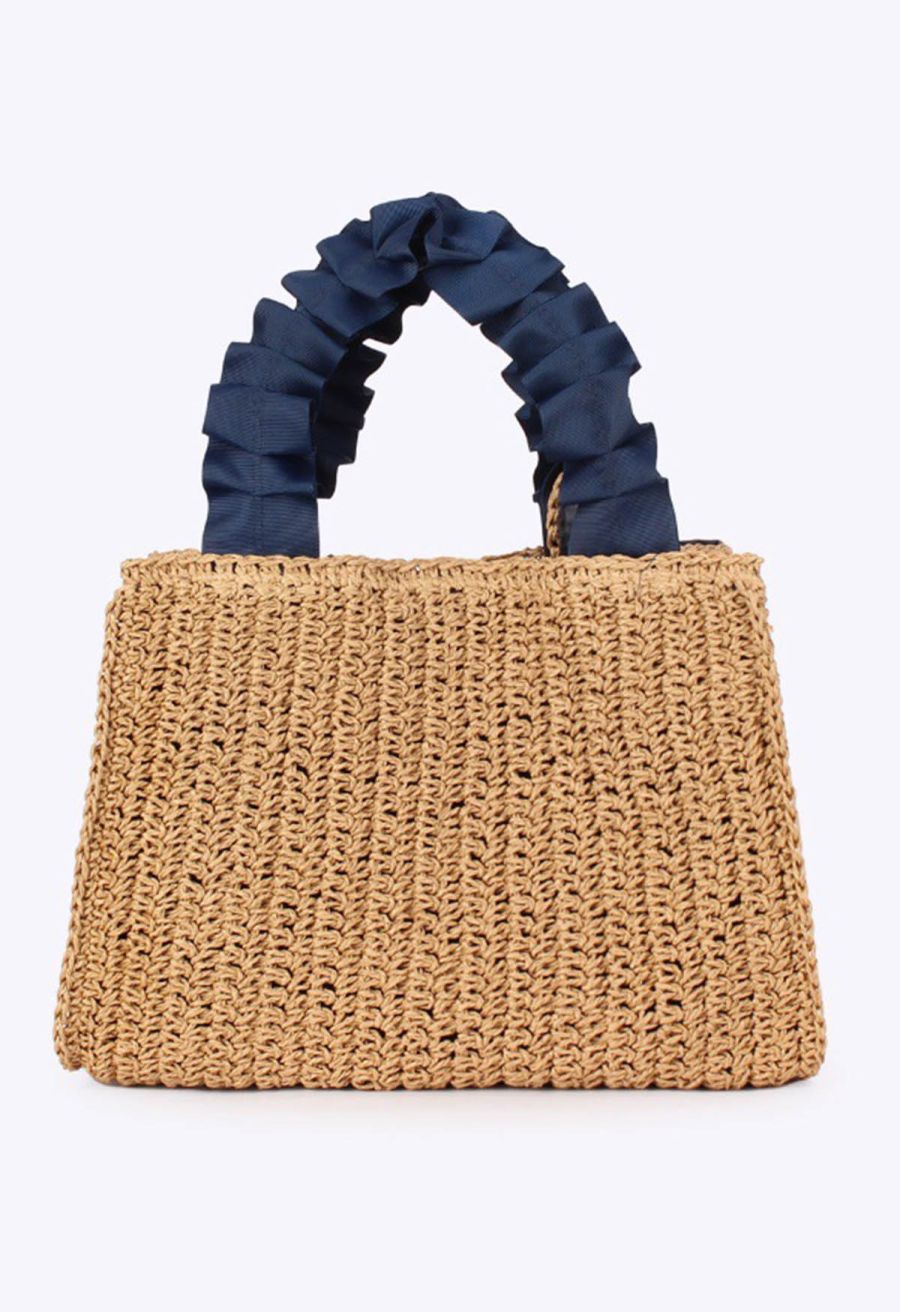 Navy Ruched Handle Pearl Braided Straw Handbag