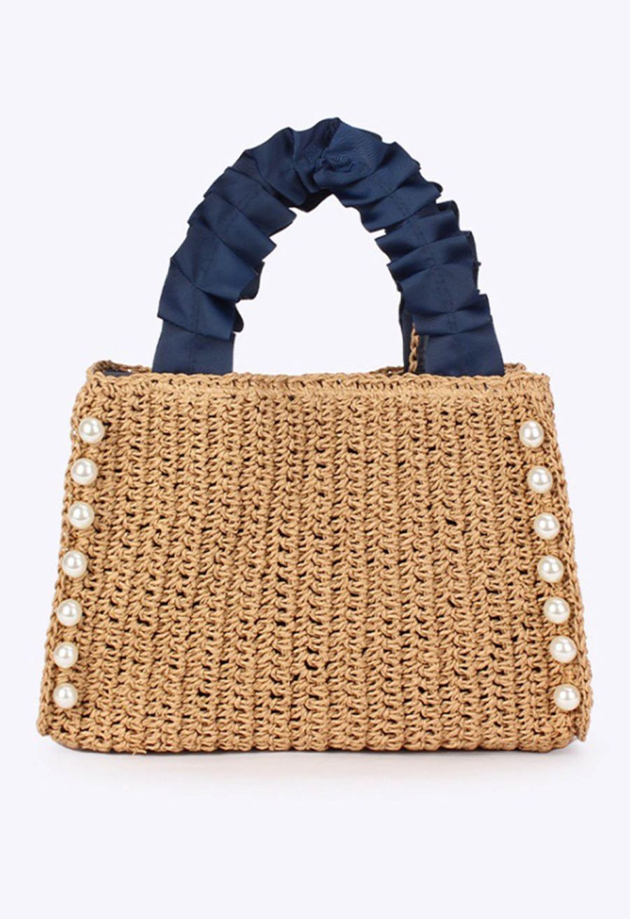 Navy Ruched Handle Pearl Braided Straw Handbag