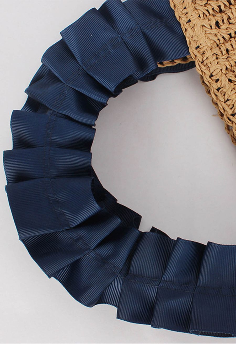 Navy Ruched Handle Pearl Braided Straw Handbag