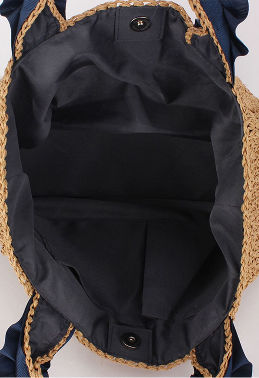 Navy Ruched Handle Pearl Braided Straw Handbag