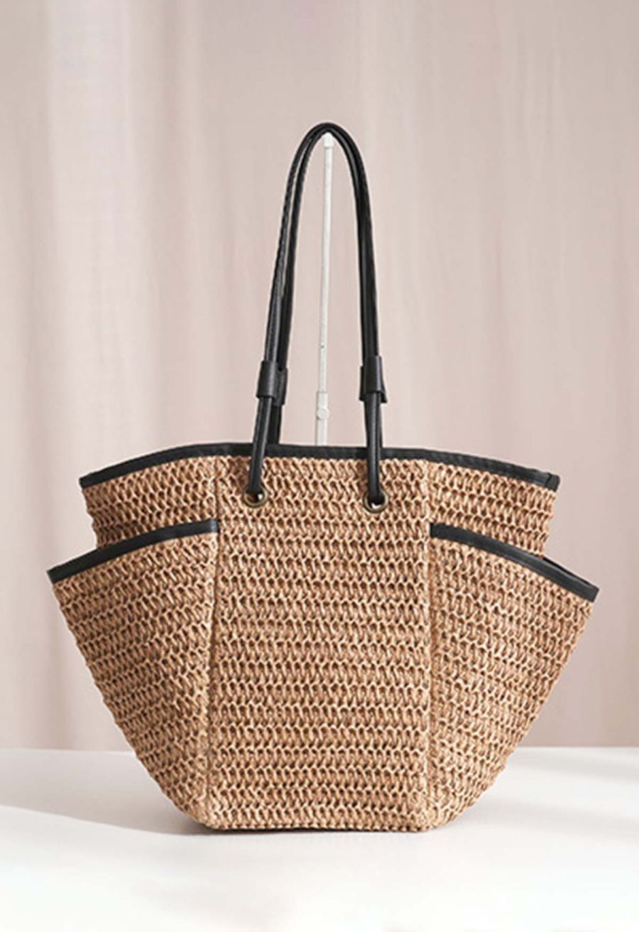 Contrast Binding Handmade Woven Straw Bag