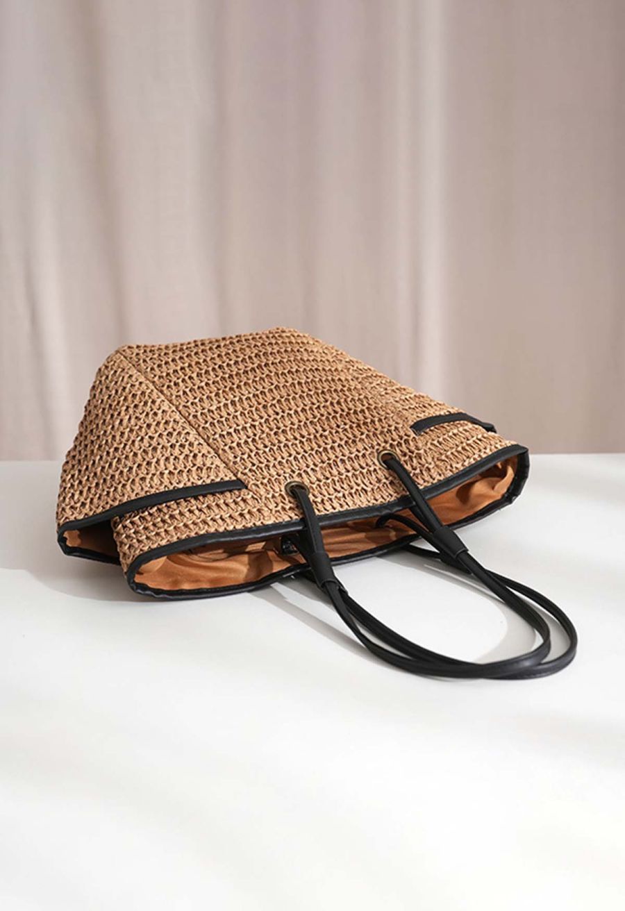 Contrast Binding Handmade Woven Straw Bag
