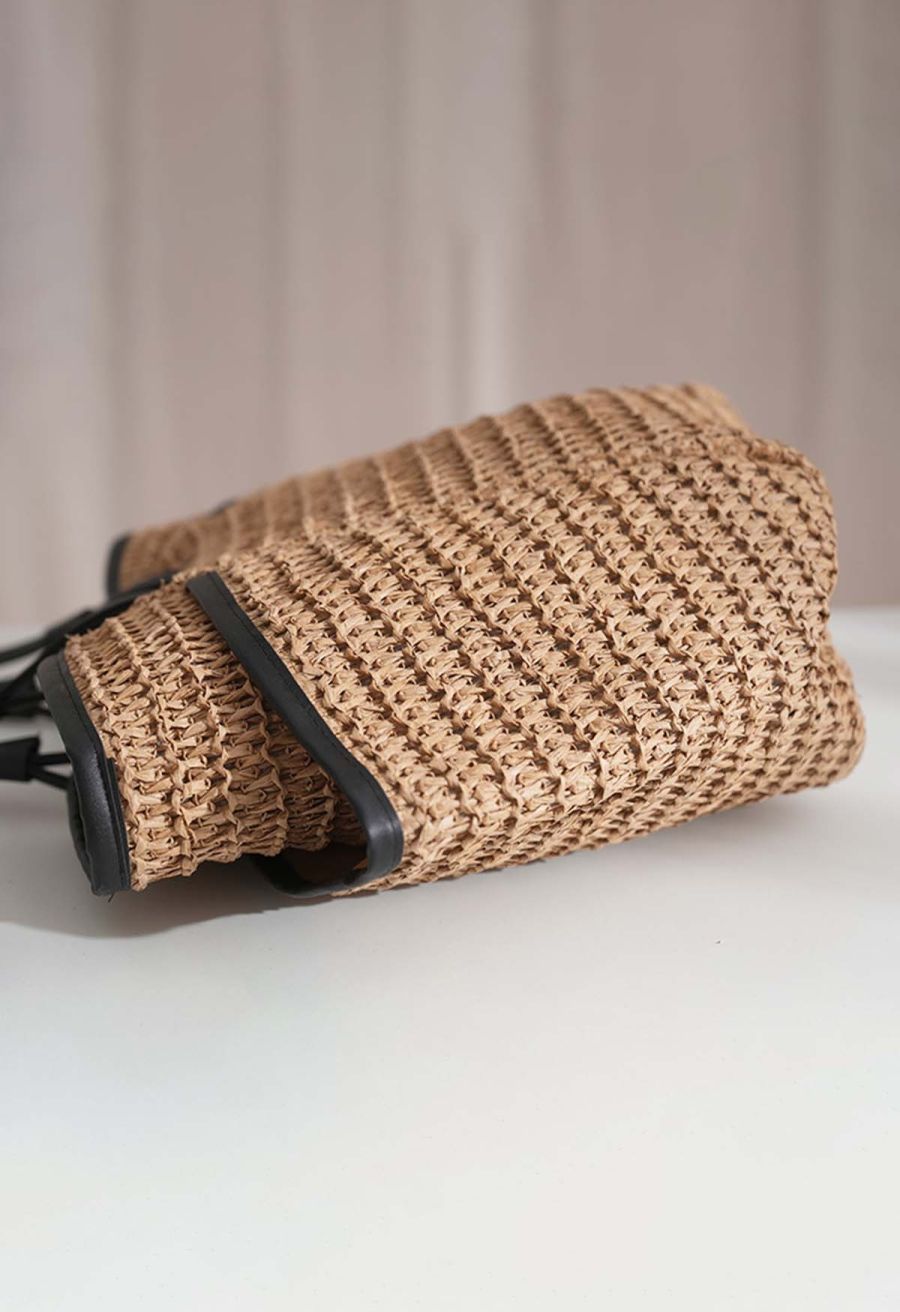 Contrast Binding Handmade Woven Straw Bag